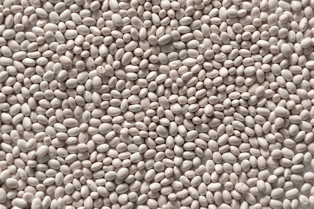 High-quality close-up of numerous white beans in a heap, showcasing texture and pattern.